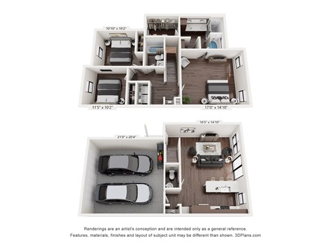Floor plan for 3 beds, 2.5 baths, 1418 sqft